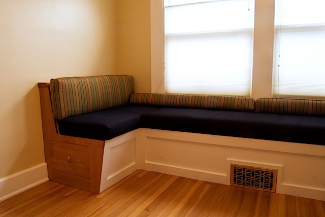 built in banquette with custom cushions.